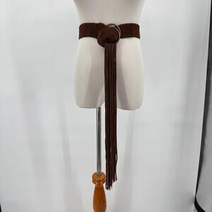 Women's Brown Silver Leather Braided Fringe Belt XS Extra Small